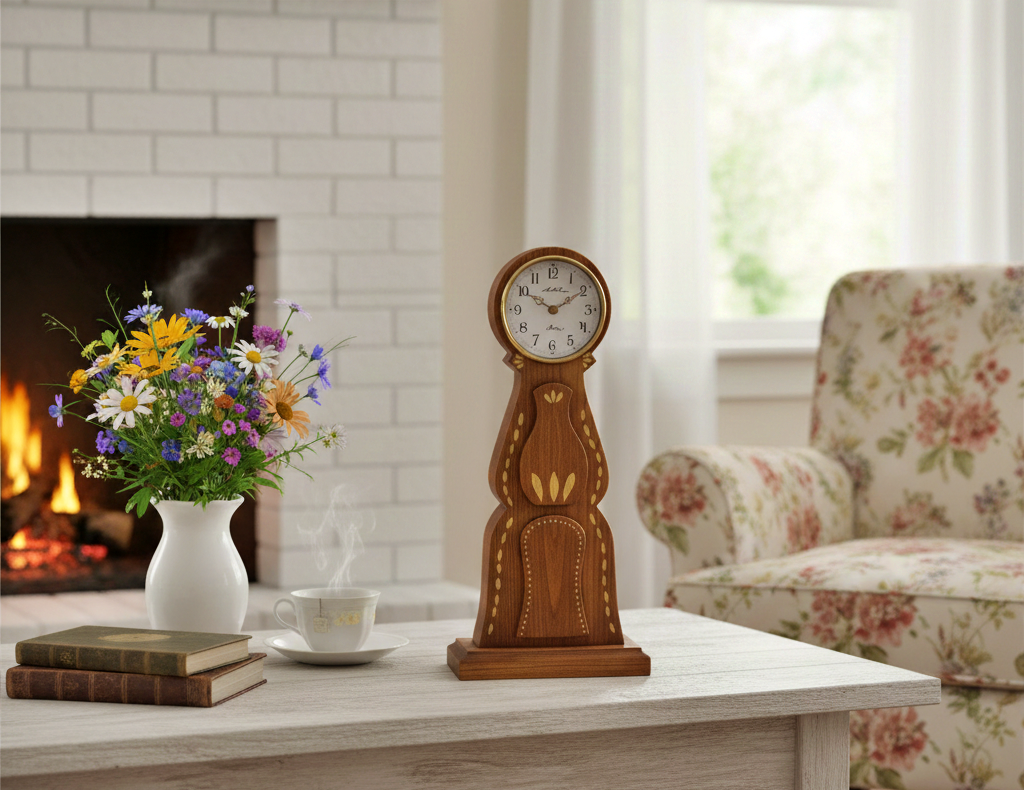 Vintage Swedish Mora-Style Wooden Clock – Hand-Painted Folk Art with authentic vintage charm in a cozy, mid-century modern living room setting.