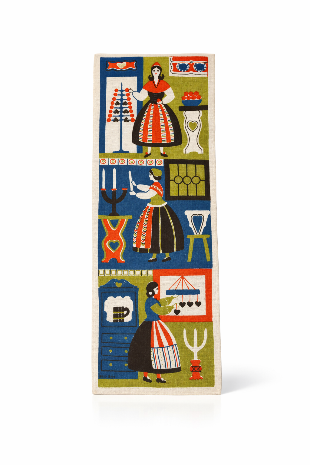 Swedish Folk Art Printed Linen Wall Hanging – Folk Costume Scenes, Mid-Century, authentic vintage Scandinavian charm.