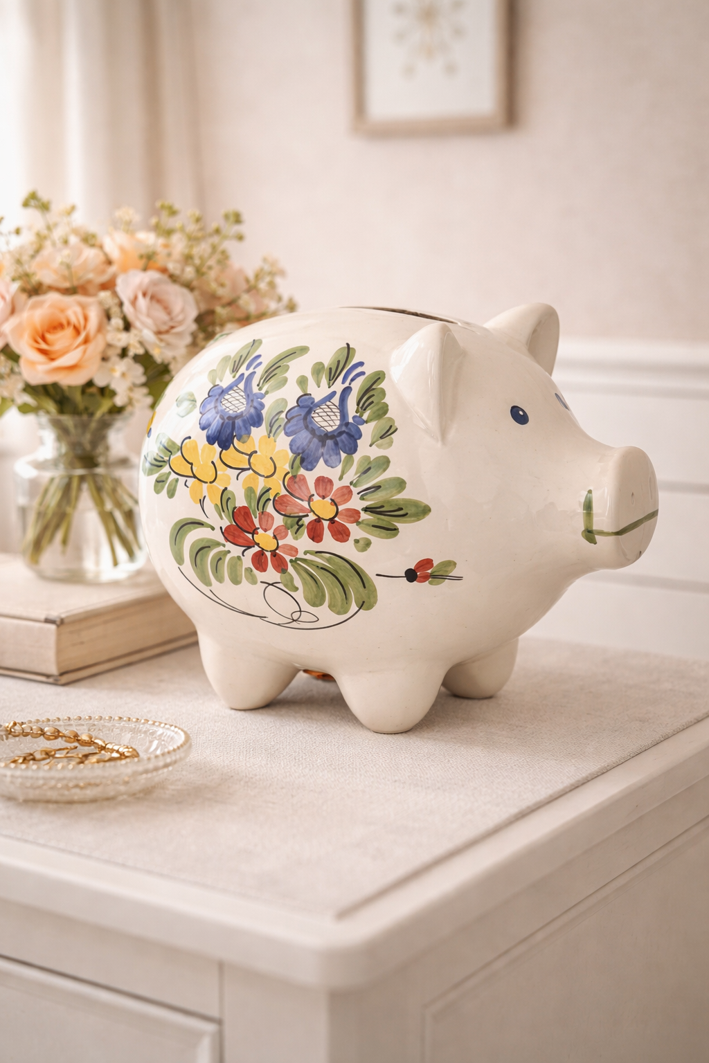 Guldkroken Hjo Swedish Folk Art Ceramic Piggy Bank – 1970s with colorful floral Scandinavian folk art pattern