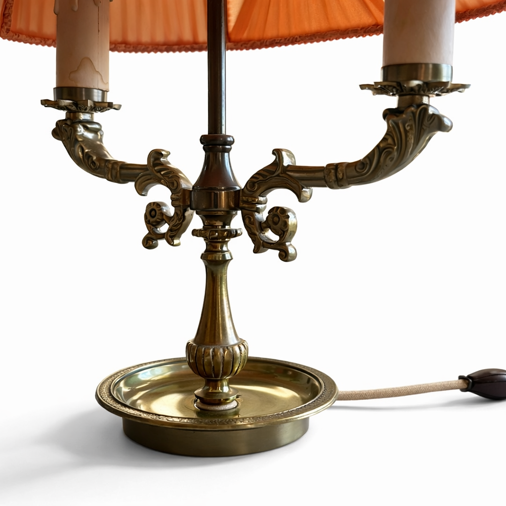 Brass Candelabra Table Lamp – Two Arm Bouillotte Style, Orange Pleated Shade, 1930s–1940s