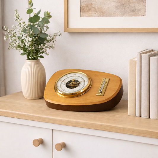 Vintage Scandinavian Barometer & Thermometer – Two-Tone Wood Base with timeless charm in a cozy mid-century modern decor setting