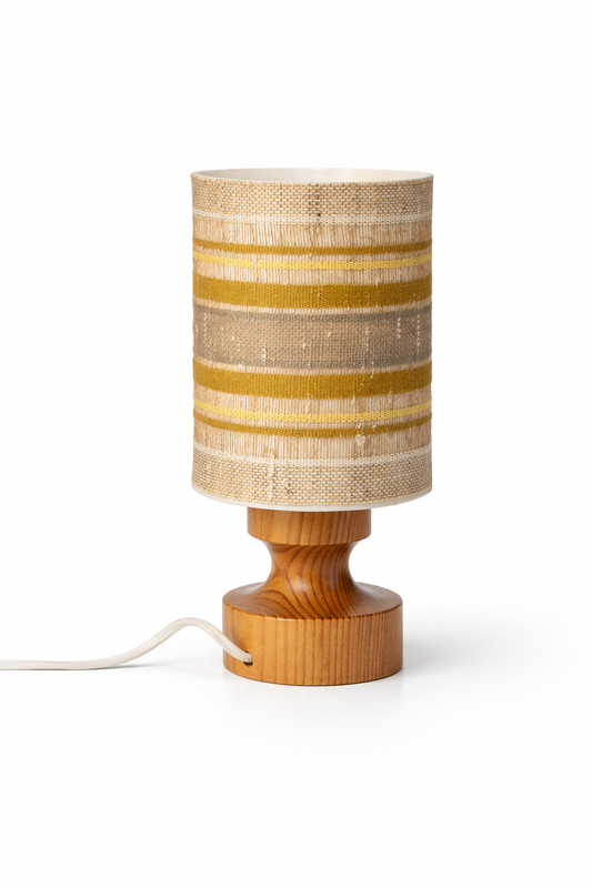 Scandinavian Pine Table Lamp – Linen Stripe Shade, Sweden 1970s, authentic vintage with timeless charm and mid-century modern style