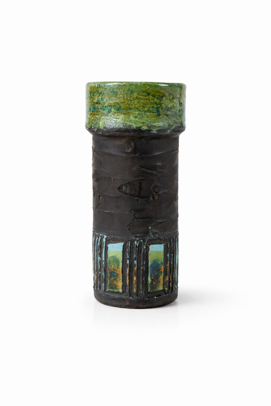 Vintage Brutalist Ceramic Vase – Mid Century Modern Studio Pottery with Textured Glaze in earthy green and black tones