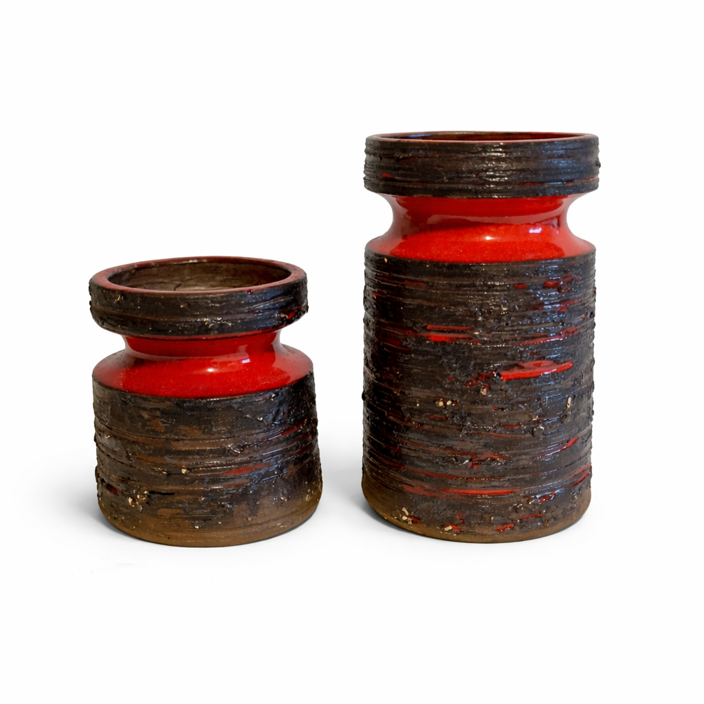 Scandinavian Ceramic Vase Set – Rustic Stoneware, Japandi Style with red glazed and textured brown surfaces