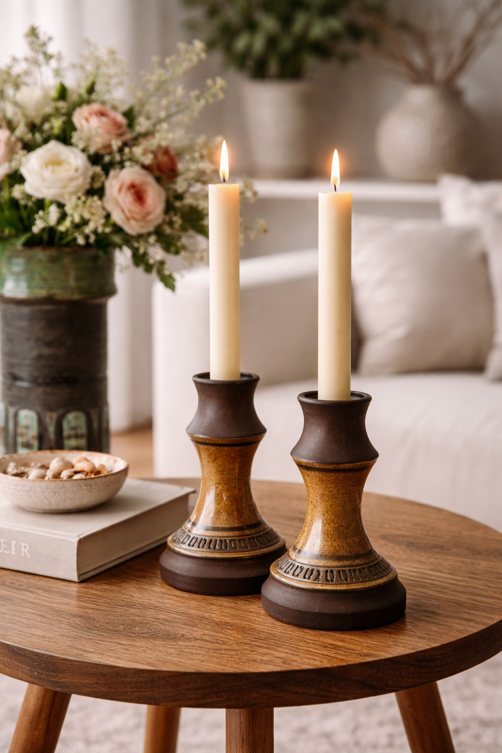 Vintage Scandinavian Candle Holders – MCM Brutalist Pottery – Retro Ceramic Pair 1960s with lit candles on wooden table