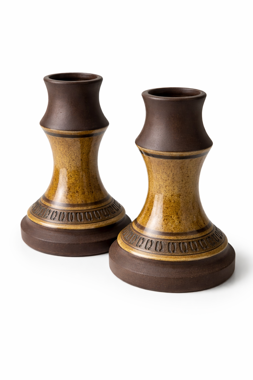 Vintage Scandinavian Candle Holders – MCM Brutalist Pottery – Retro Ceramic Pair 1960s in brown and amber tones