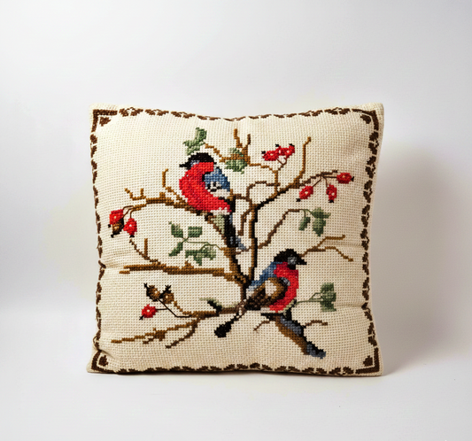 Vintage Scandinavian Needlepoint Pillow with Bullfinches | Handcrafted Decorative Cushion