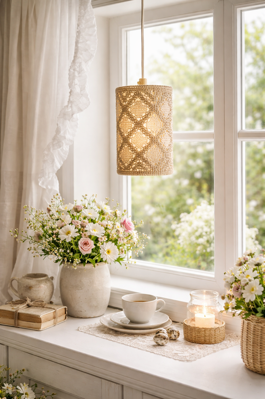 Vintage Scandinavian Lace Pendant Lamp – Handwoven Crochet Shade hanging by window with flowers and candle, timeless charm.