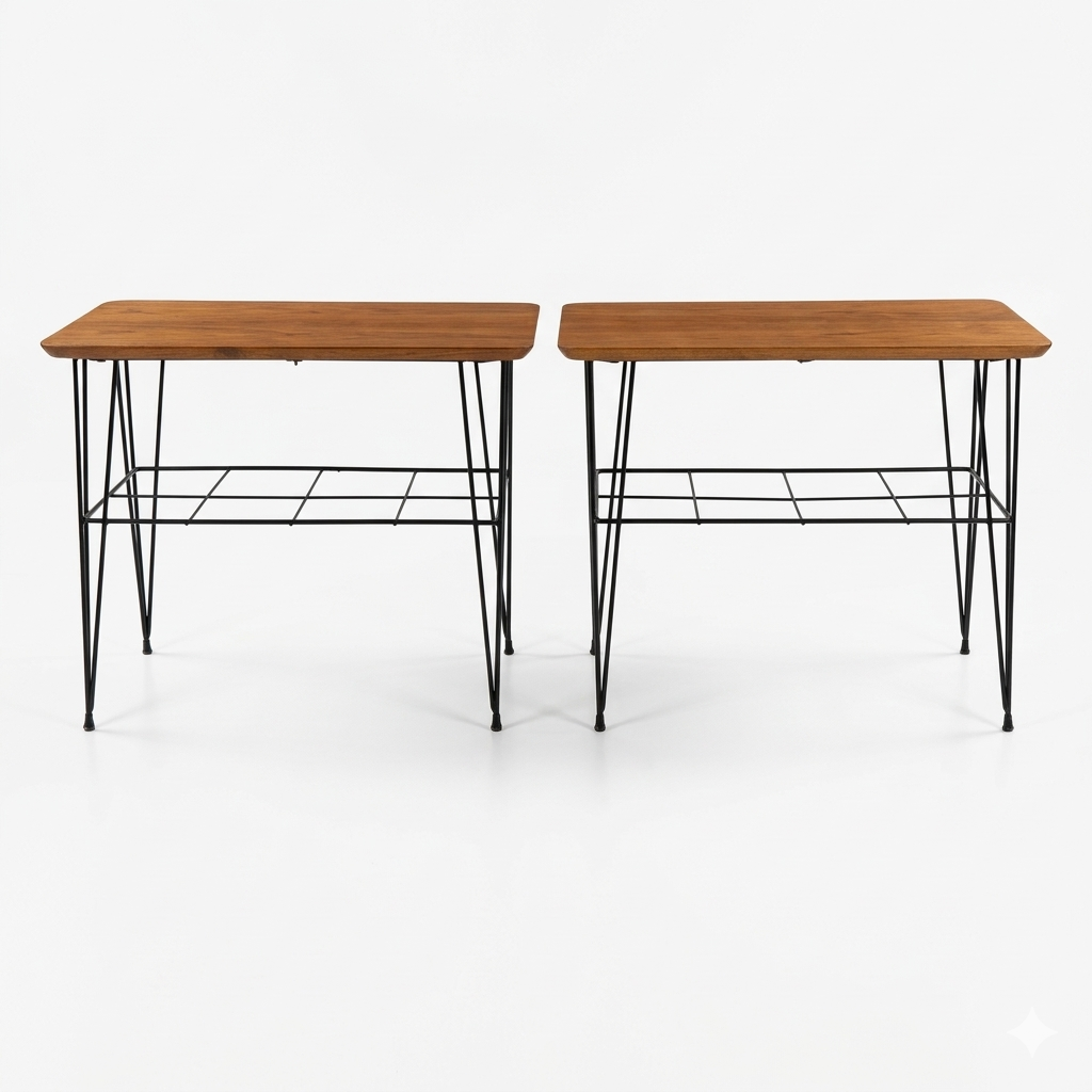 Pair of Scandinavian Teak & Iron Wire Side Tables with Magazine Rack – 1950s, authentic vintage, timeless charm.
