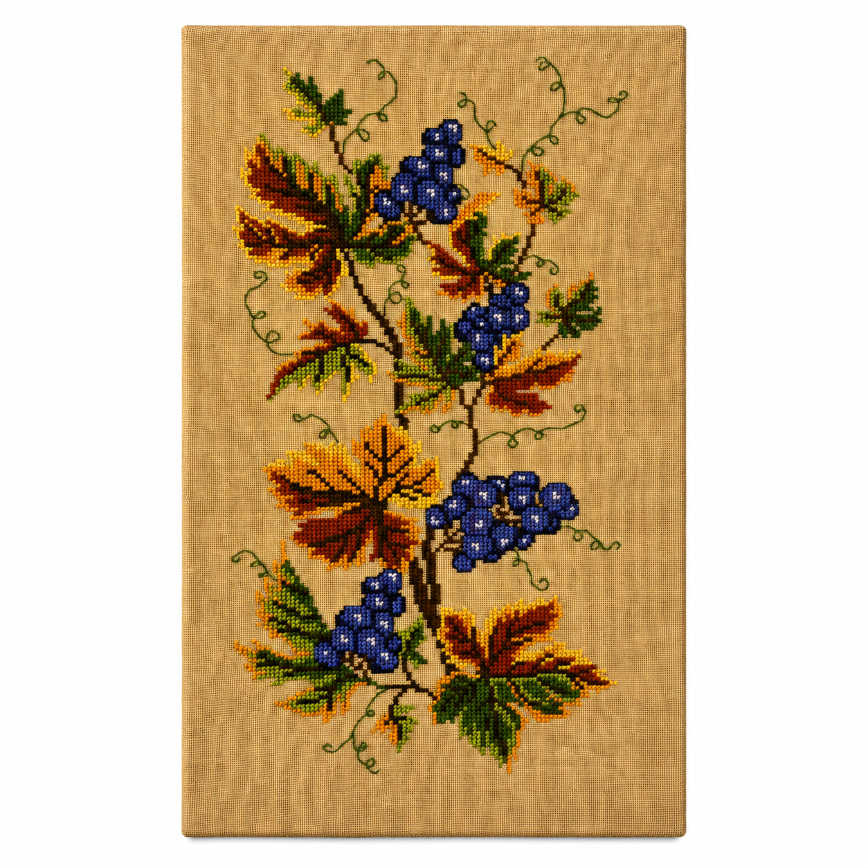 Vintage grapevine cross-stitch textile wall art on burlap, wooden frame, 100x55 cm, Sweden