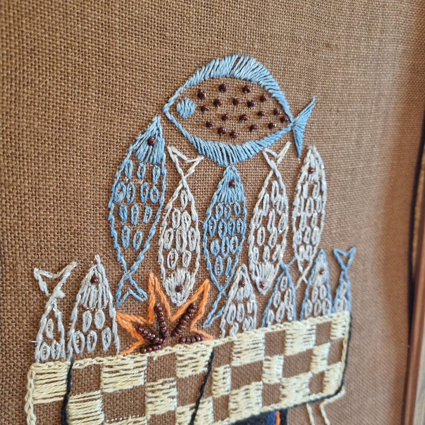 Vintage Scandinavian Embroidered Fisherwoman Textile Wall Art – Framed, Sweden