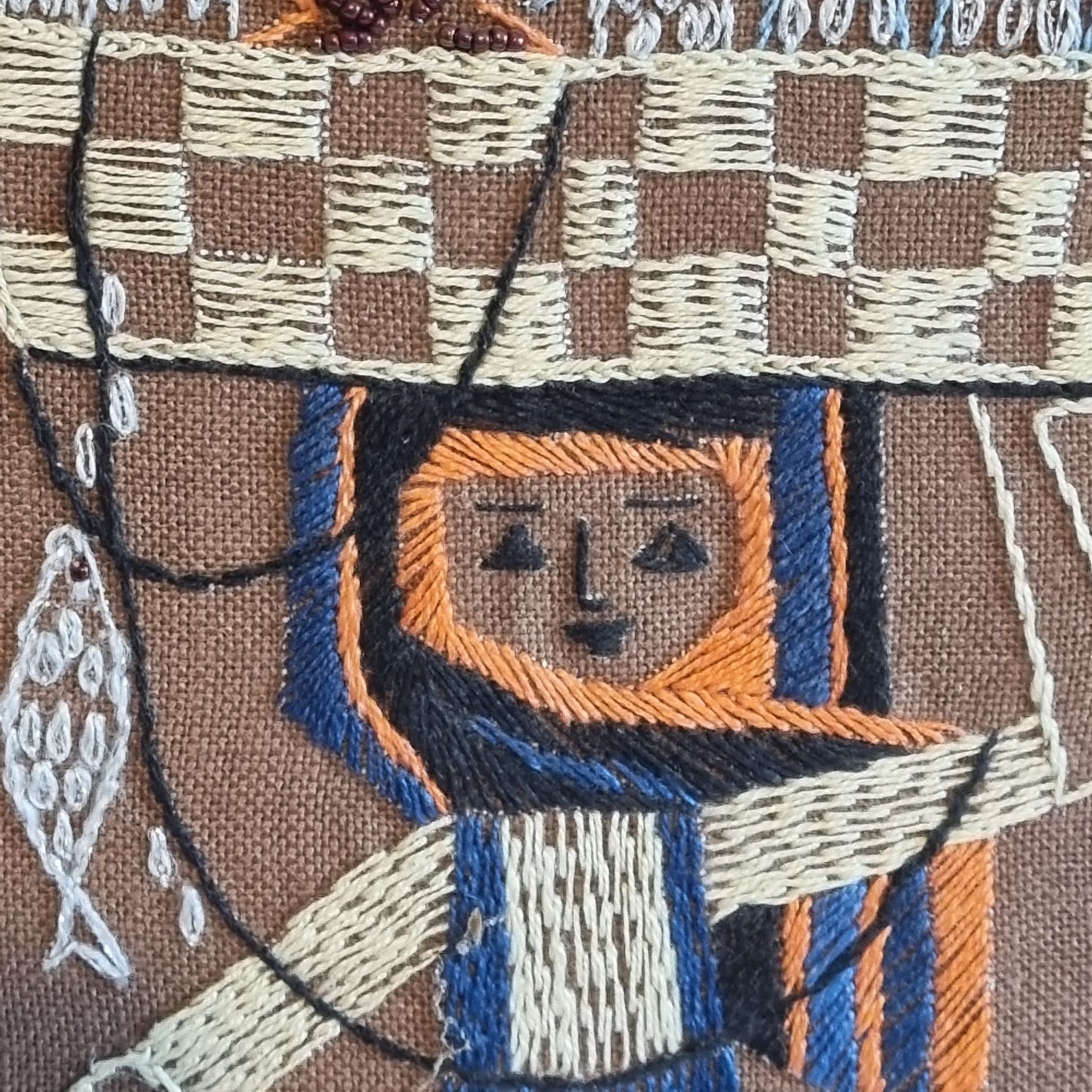 Vintage Scandinavian Embroidered Fisherwoman Textile Wall Art – Framed, Sweden