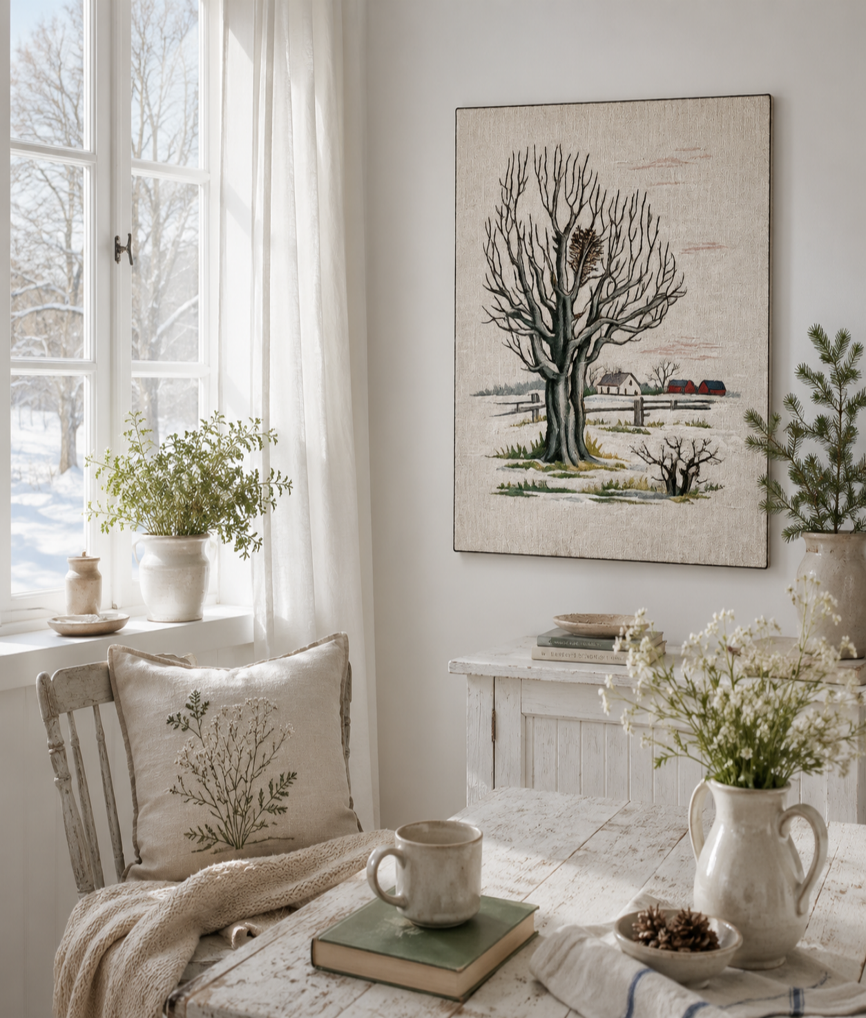 Vintage Swedish Embroidered Winter Landscape with Bare Tree Wall Art on Stretcher Frame