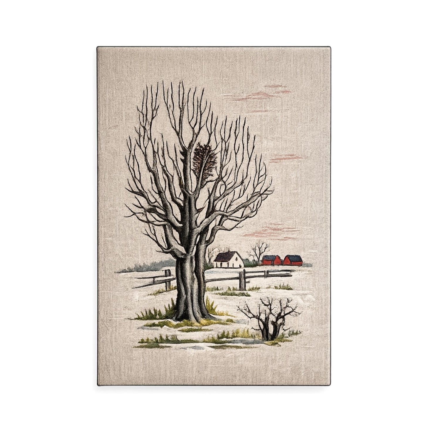 Vintage Swedish Embroidered Winter Landscape with Bare Tree Wall Art on Stretcher Frame