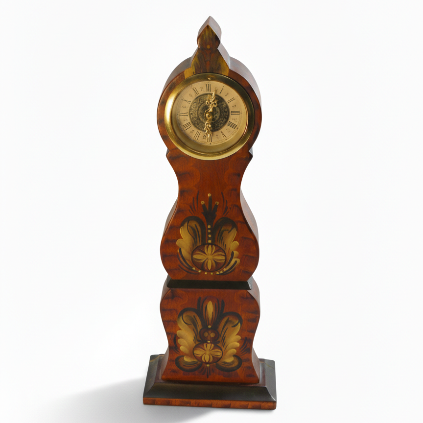 Vintage Swedish Mora-Style Wooden Clock – Hand-Painted Rosemaling Folk Art with authentic vintage charm, timeless Scandinavian decor piece.