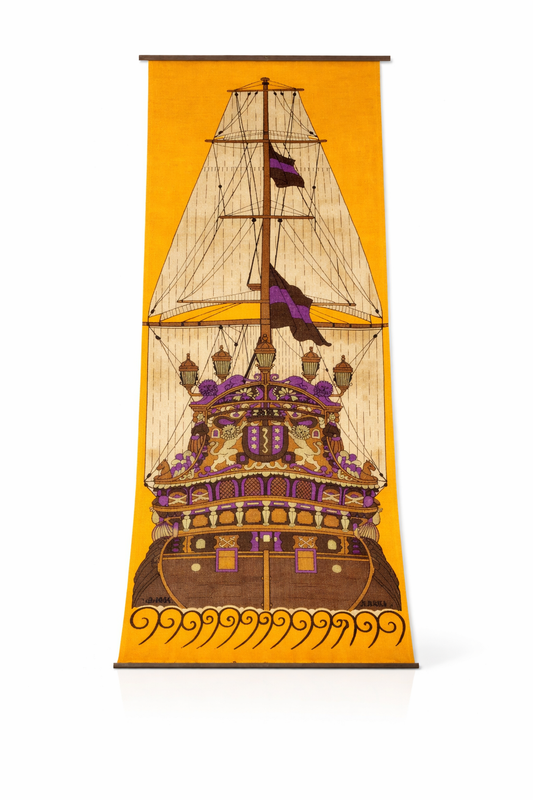 Vasa Warship Linen Wall Hanging – Ulla Scheuer ULLAS, Sweden 1970s, authentic vintage, timeless charm, Scandinavian mid-century modern.