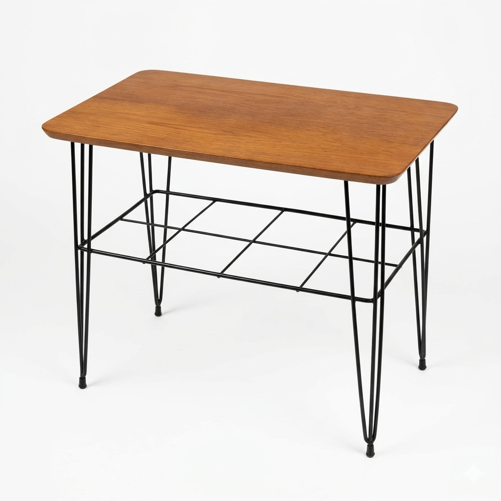 Pair of Scandinavian Teak & Iron Wire Side Tables with Magazine Rack – 1950s, authentic vintage, timeless charm.