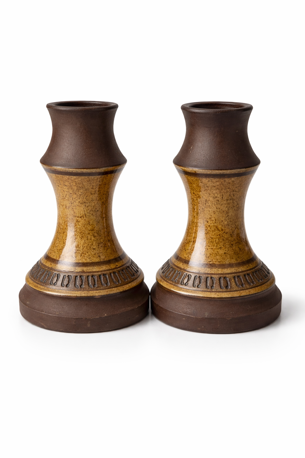 Vintage Scandinavian Candle Holders – MCM Brutalist Pottery – Retro Ceramic Pair 1960s in brown and mustard tones
