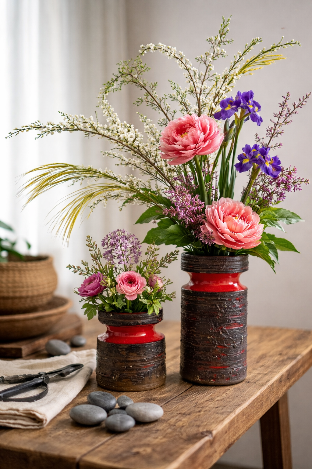Scandinavian Ceramic Vase Set – Rustic Stoneware, Japandi Style with pink and purple flowers on wooden table in warm natural light