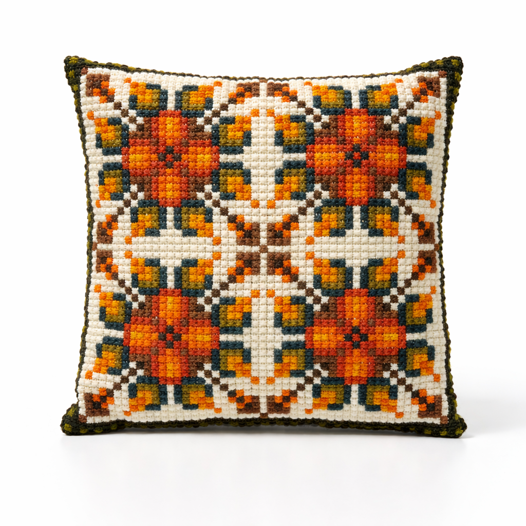 1970s Vintage Needlepoint Cushion – Geometric Orange Floral Pattern