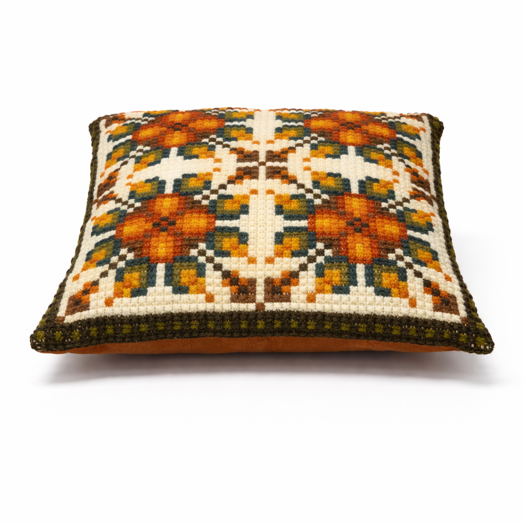 1970s Vintage Needlepoint Cushion – Geometric Orange Floral Pattern