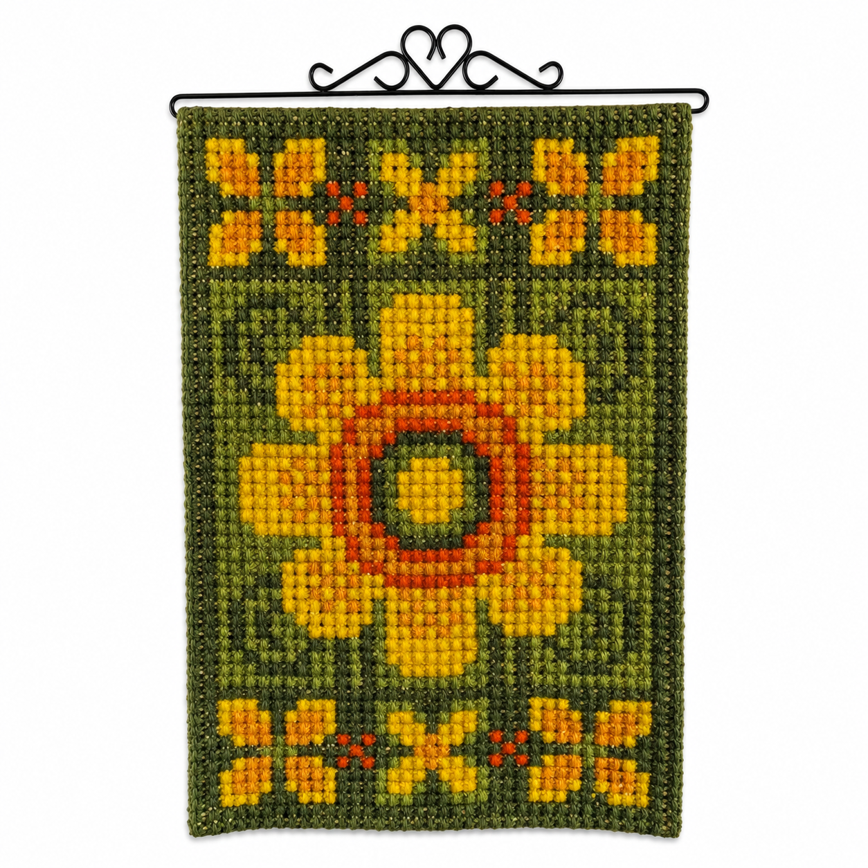 Vintage Swedish wool cross-stitch sunflower wall hanging, black wrought iron rod, 68x44 cm, Sweden