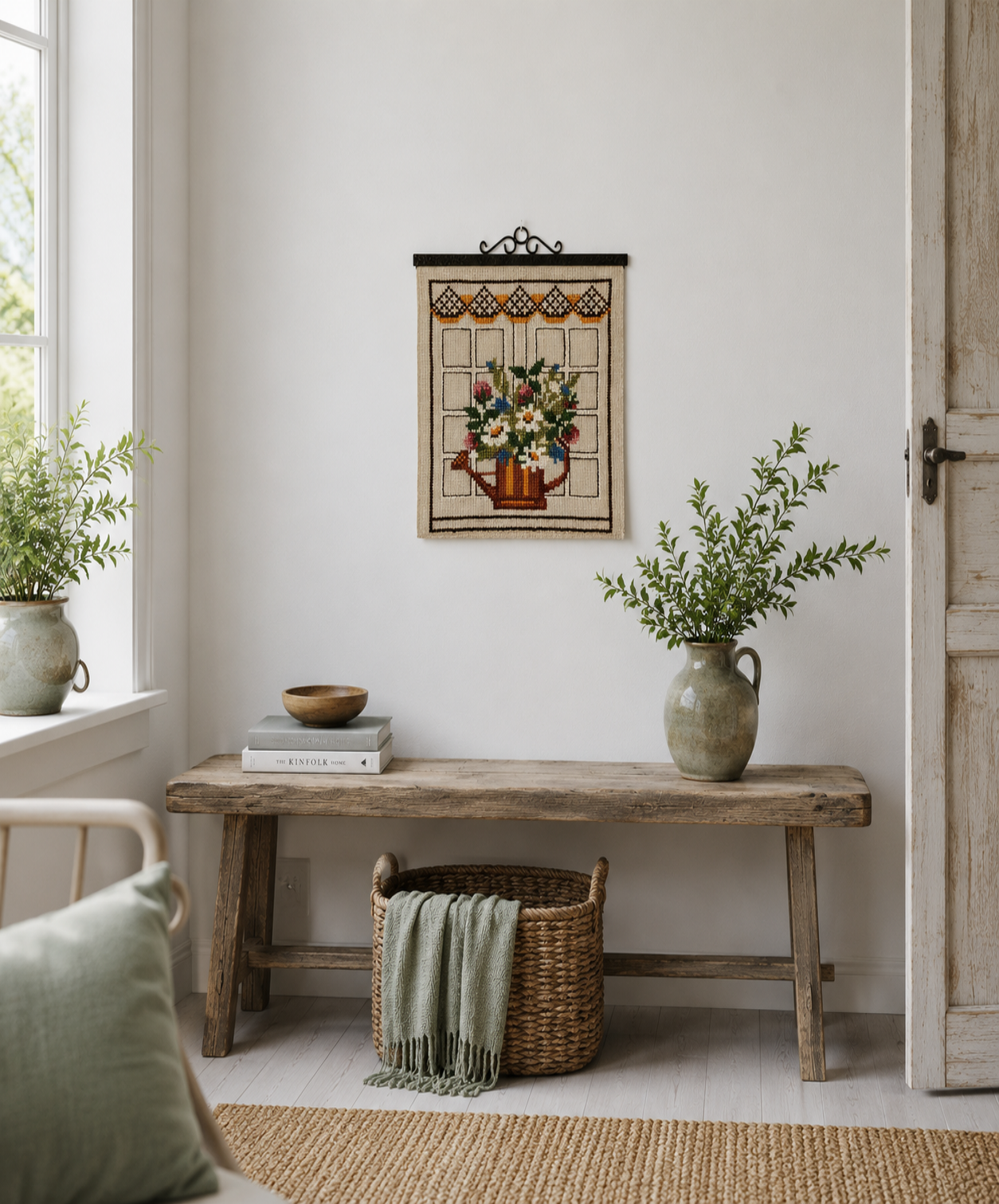 Vintage Swedish Cross-Stitch Floral Watering Can Wall Hanging