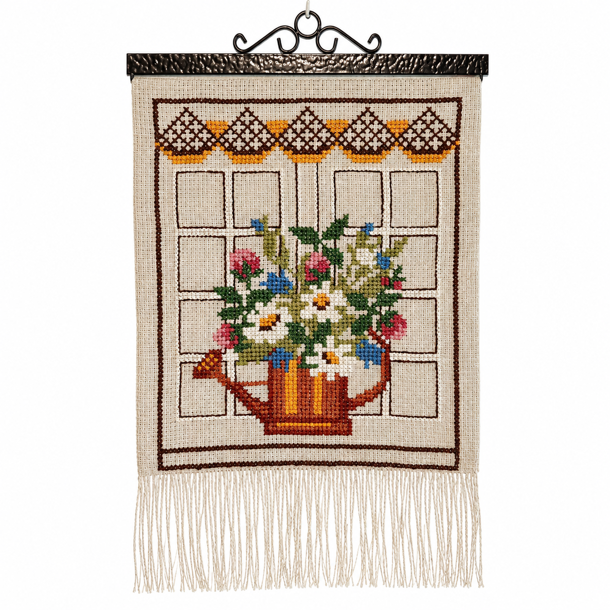 Vintage Swedish cross-stitch floral watering can wall hanging on linen, cream fringe, wrought iron rod, 50x30 cm, Sweden