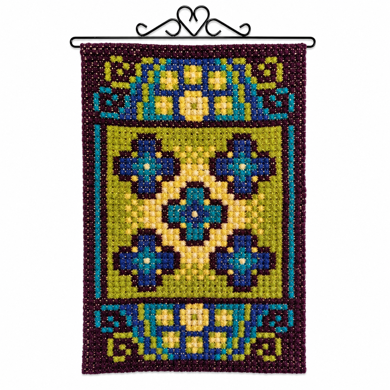 Vintage Swedish wool needlepoint geometric mandala wall hanging, black wrought iron rod, 68x44 cm, Sweden