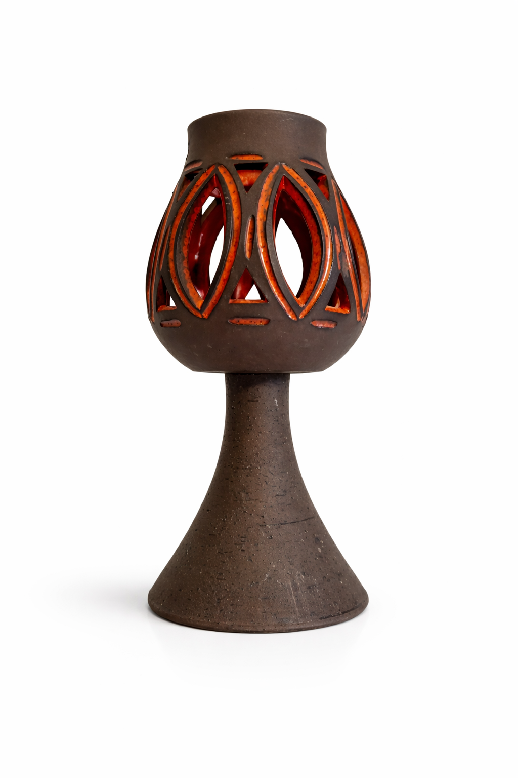 Vintage Swedish Pottery Candle Holder – Torsebo Design, Red Glaze Cut-Out Lantern, 1960s Scandinavian decor piece