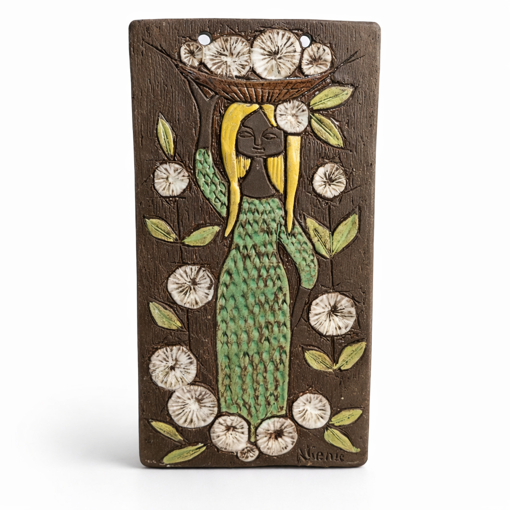Ninnie Keramik Swedish Ceramic Wall Plaque – Mid-Century Modern Relief featuring a woman with flowers in green and brown tones