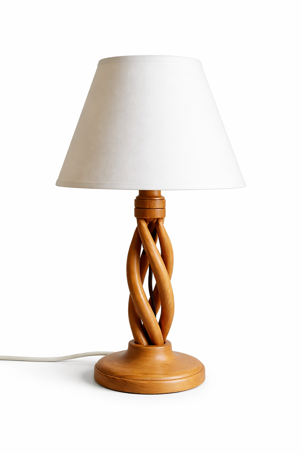 Mid-Century Modern Oak Table Lamp – Handmade Twisted Base, White Shade, 1960s, Authentic vintage, Timeless Charm.